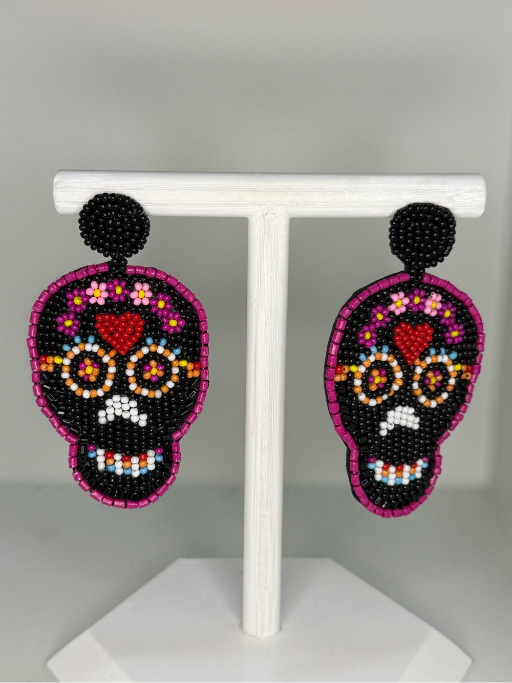 Beaded Sugar Skull Earrings in Black & Pink